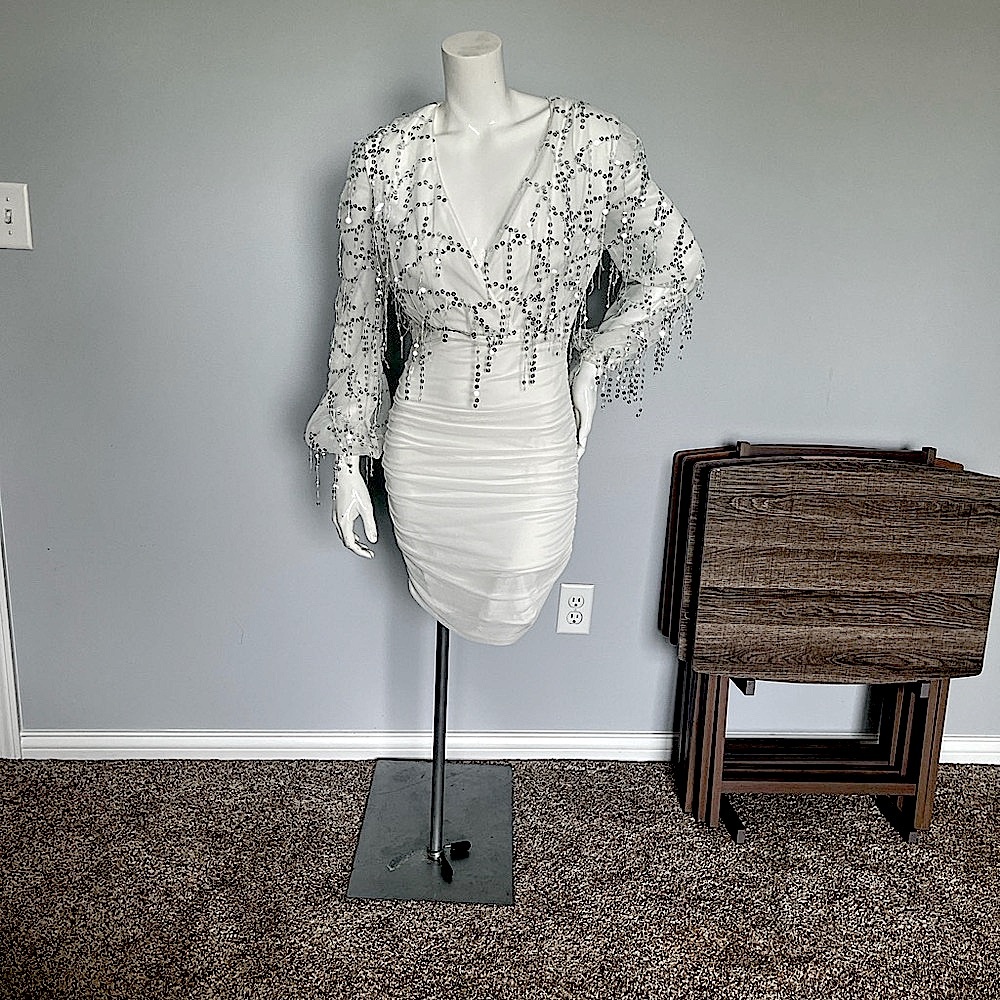 White Beaded Long Sleeve Dress